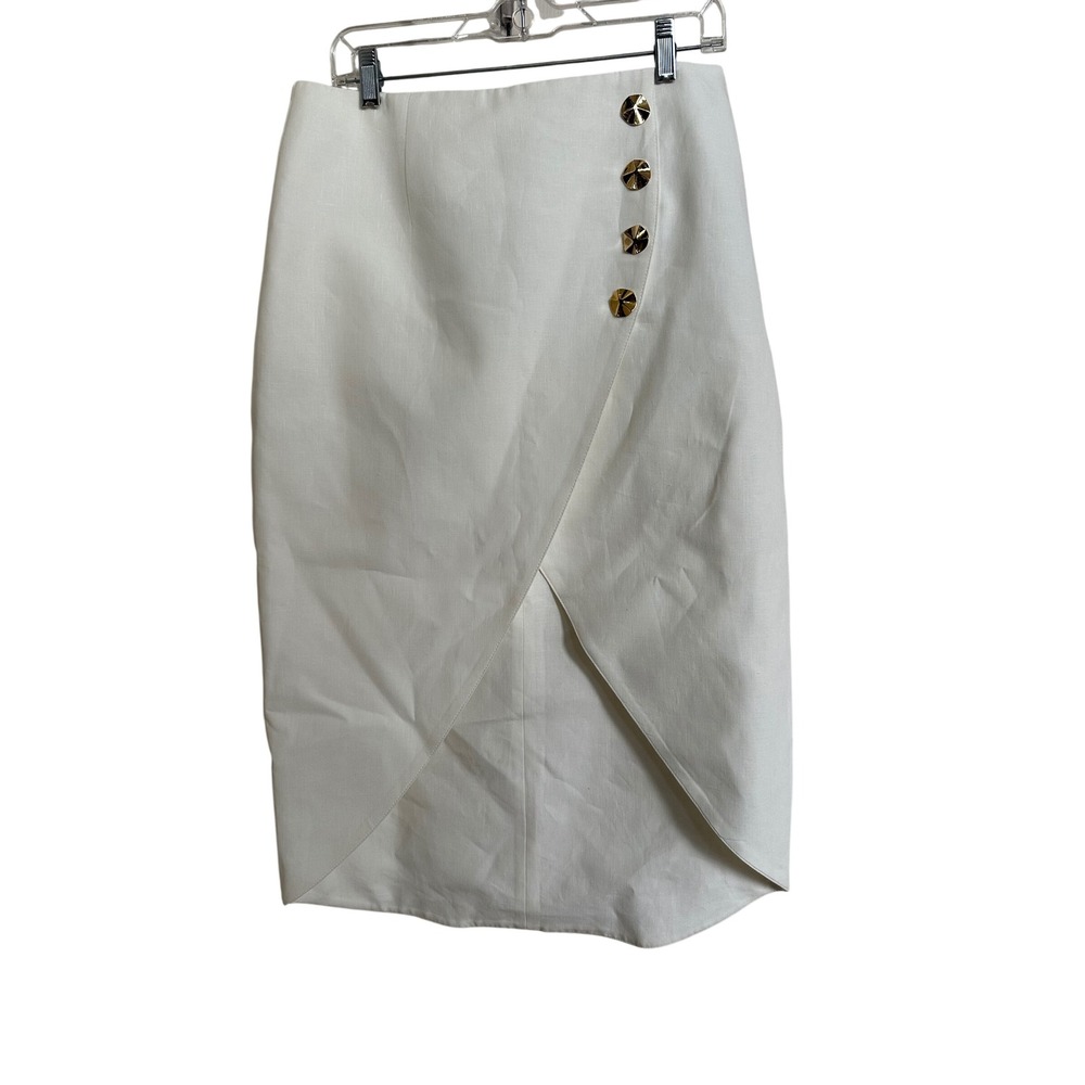 MONA White 100% Linen Asymmetrical Wrap‎ Skirt with Gold Buttons — Size 42 (NWT)